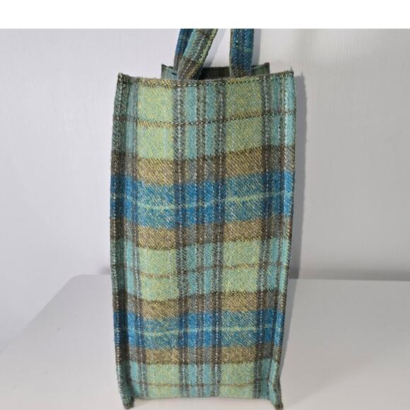 Sandro Paris Wool Tartan Plaid Large Tote Blue Green Snap Top Handle Bag NWT - Picture 9 of 13